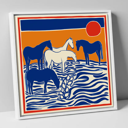 Wild Sapphire Shallows wild horses canvas wall art in white frame