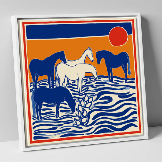 Wild Sapphire Shallows wild horses canvas wall art in white frame
