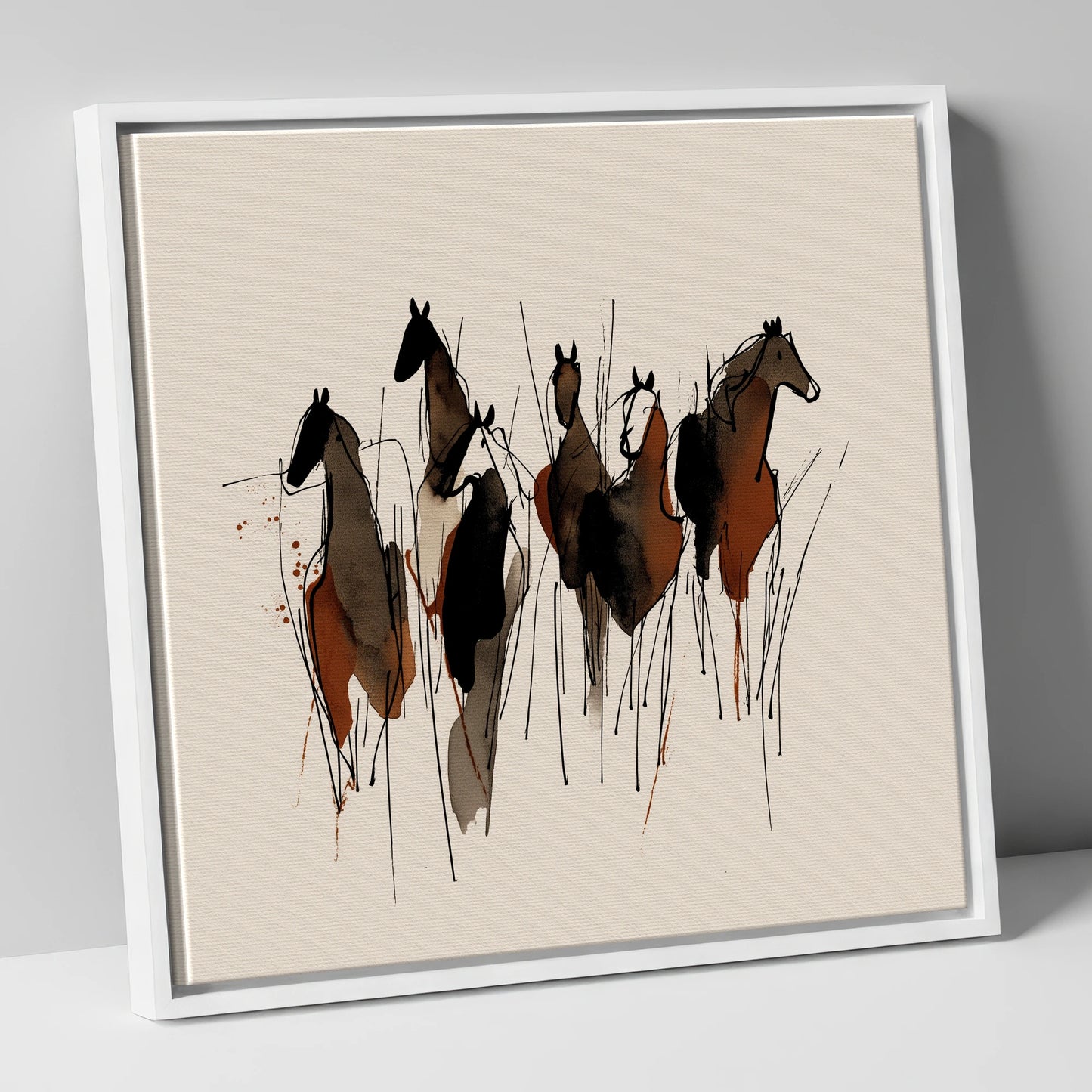 Earthy Herd Silhouettes wild horses canvas wall art in white frame