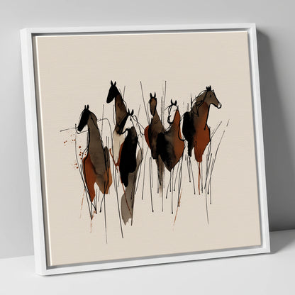Earthy Herd Silhouettes wild horses canvas wall art in white frame