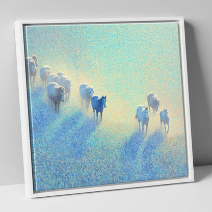 Ethereal Morning Herd wild horses canvas wall art in white frame