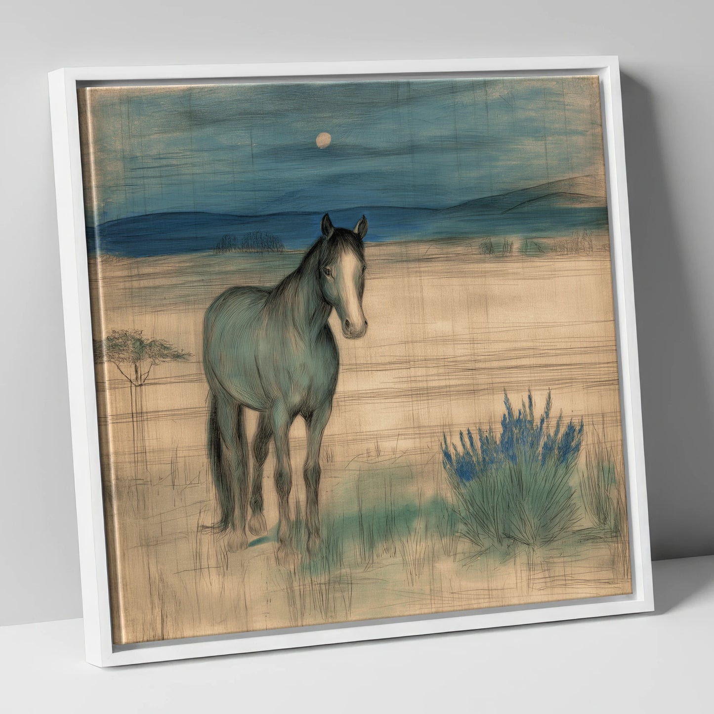 Twilight Moonlit Watch horse landscape canvas wall art in white frame