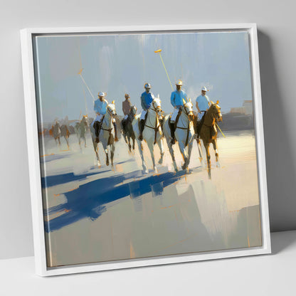 Sunlit Polo Approach polo horse canvas wall art in white frame
