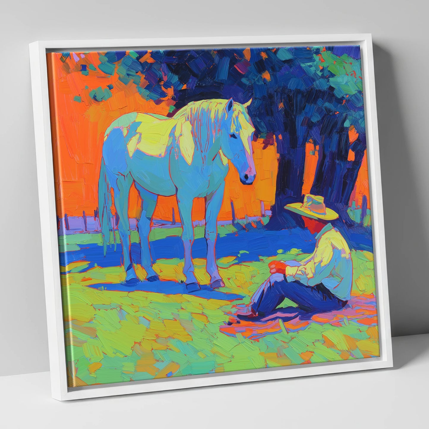 Vibrant Sunset Companion horse & rider canvas wall art in white frame