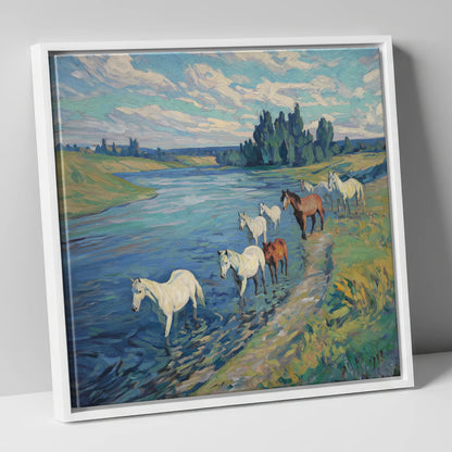 Riverside Herd wild horses canvas wall art in white frame