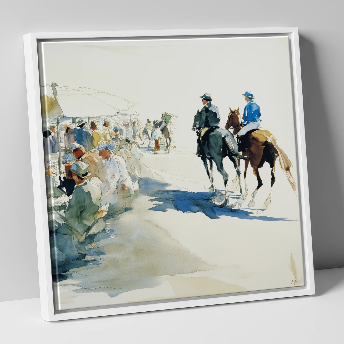 Leaving the Paddock racing horse canvas wall art in white frame