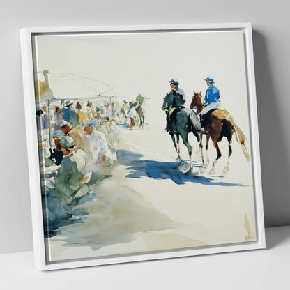 Leaving the Paddock racing horse canvas wall art in white frame
