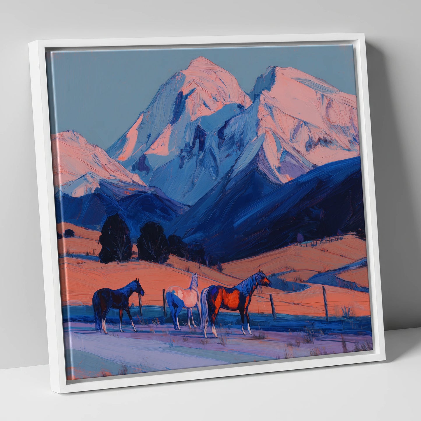 Mountain Alpenglow Pastures horse landscape canvas wall art in white frame