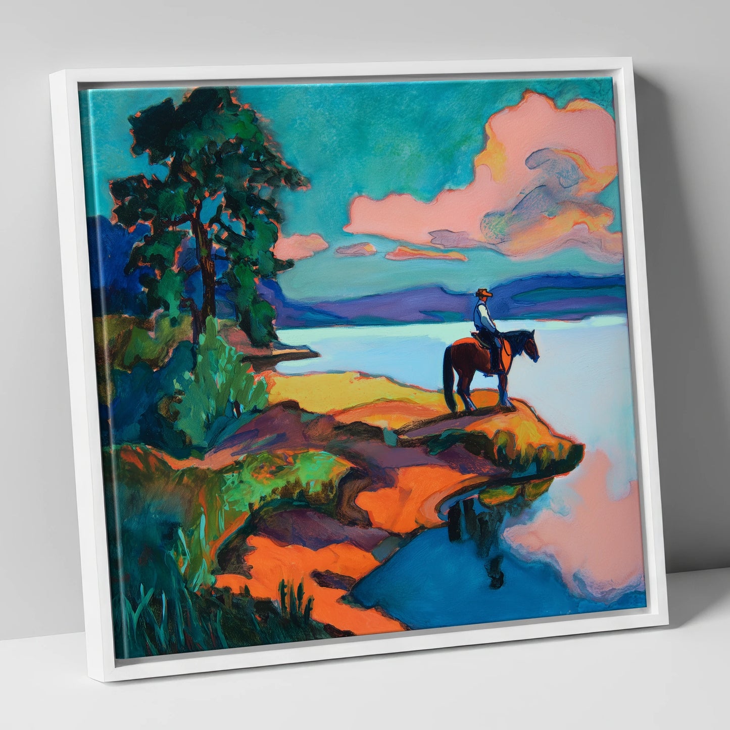 The Violet Shoreline beach horse canvas wall art in white frame