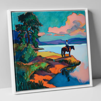 The Violet Shoreline beach horse canvas wall art in white frame