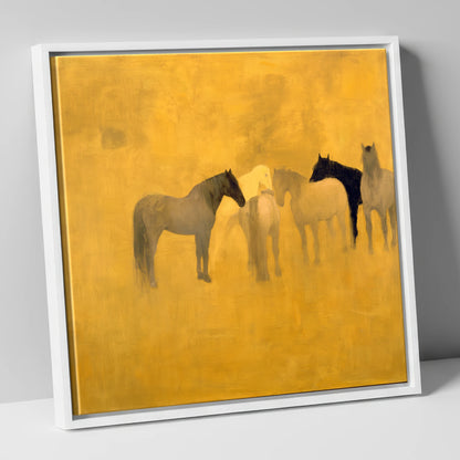 Sunlit Gathering wild horses canvas wall art in white frame