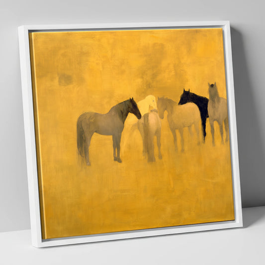 Sunlit Gathering wild horses canvas wall art in white frame
