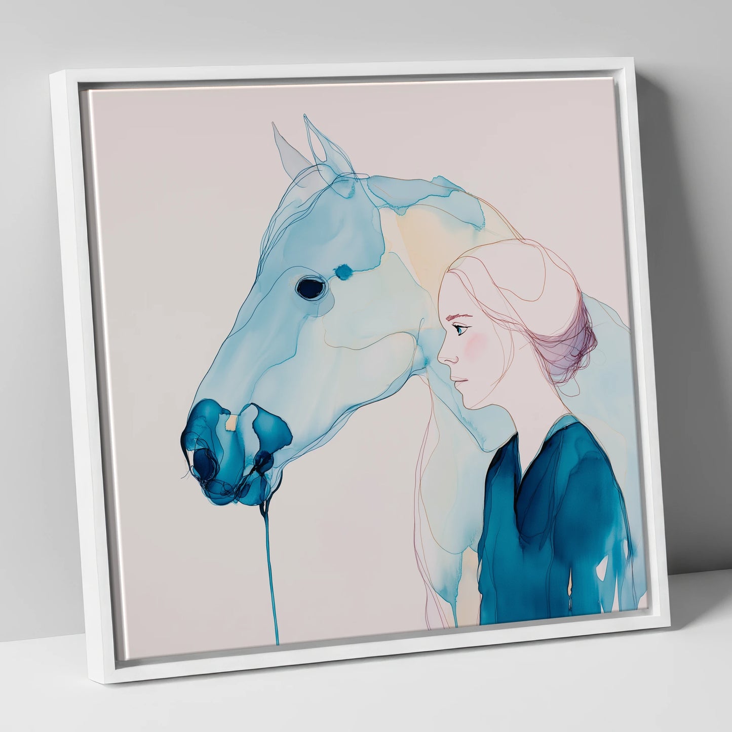 Cerulean Soulmates horse & rider canvas wall art in white frame