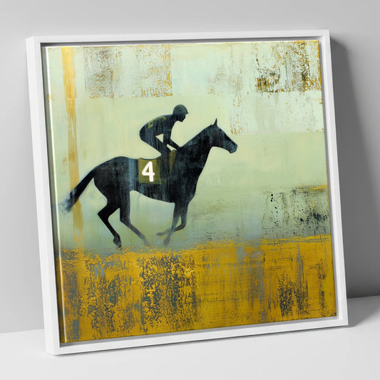 Gilded Number Four racing horse canvas wall art in white frame