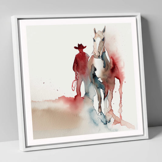 Crimson Trail Companion western horse canvas wall art in white frame