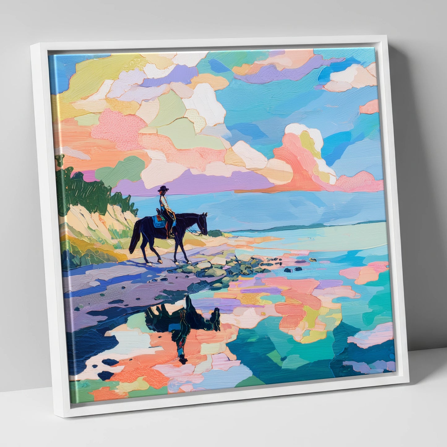 Technicolour Tide beach horse canvas wall art in white frame