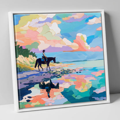 Technicolour Tide beach horse canvas wall art in white frame