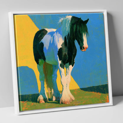 Piebald Cob in Bright Colours horse breed canvas wall art in white frame