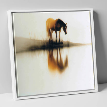 Amber Mist Reflection horse landscape canvas wall art in white frame