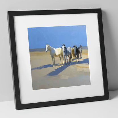 Sunlit High Plains wild horses art print in black frame