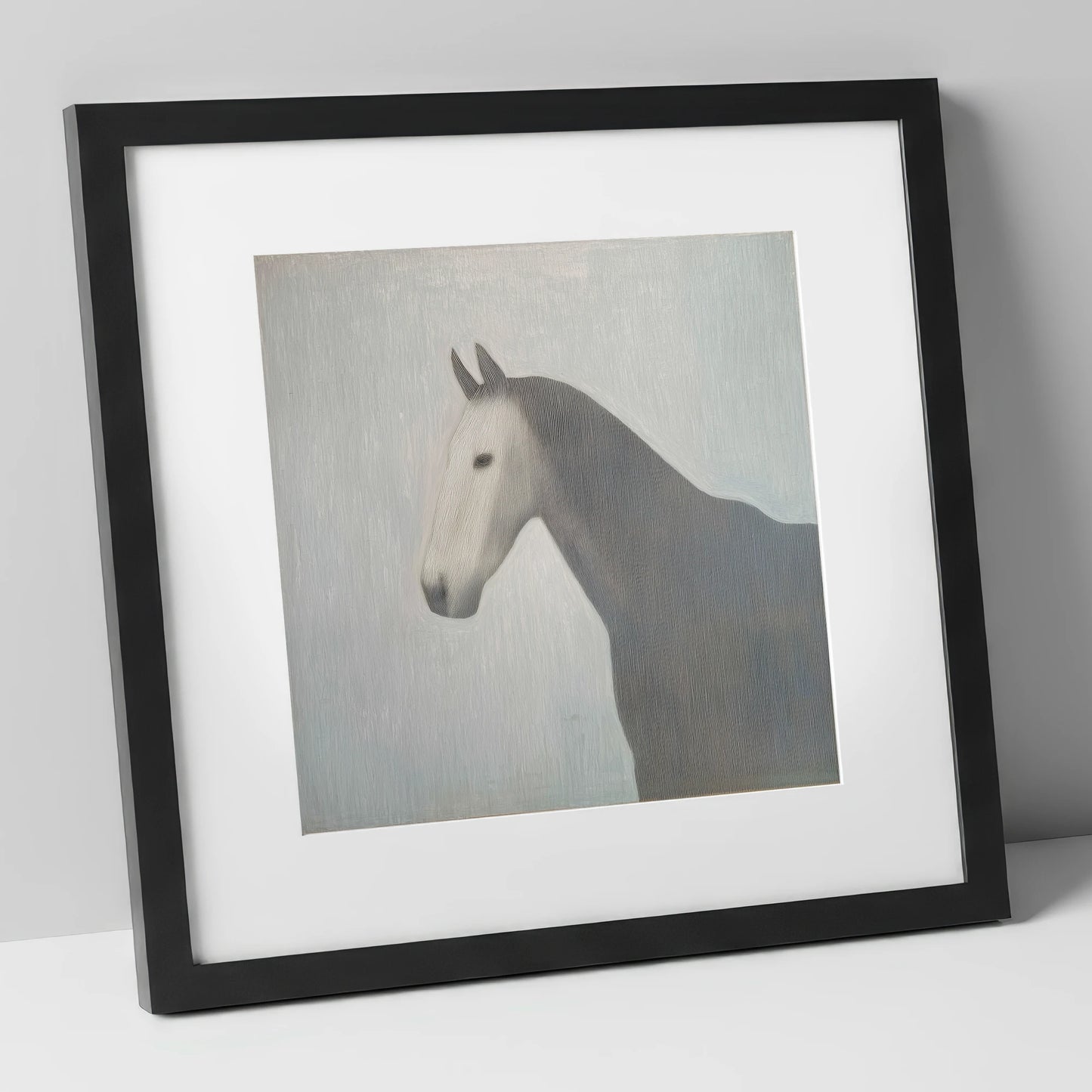 Linear Elegance horse portrait art print in black frame