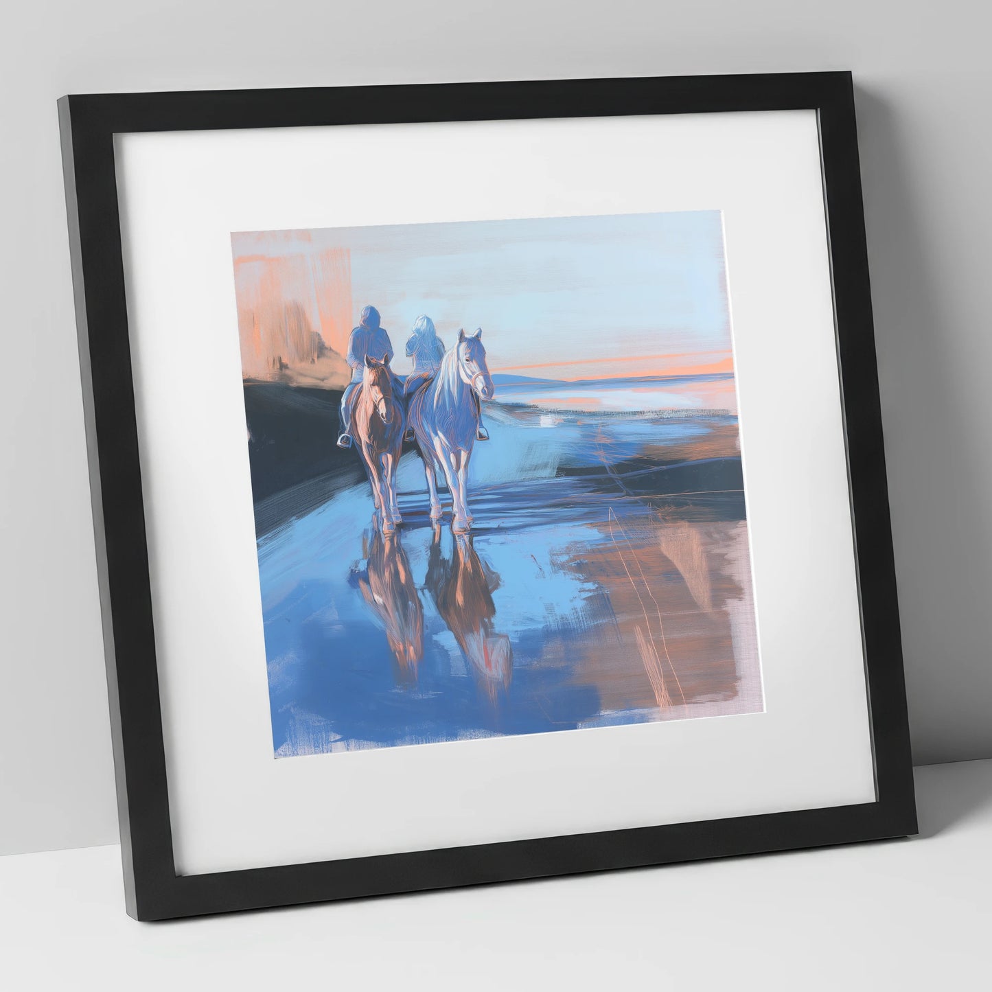 Shoreline Companions horse landscape art print in black frame