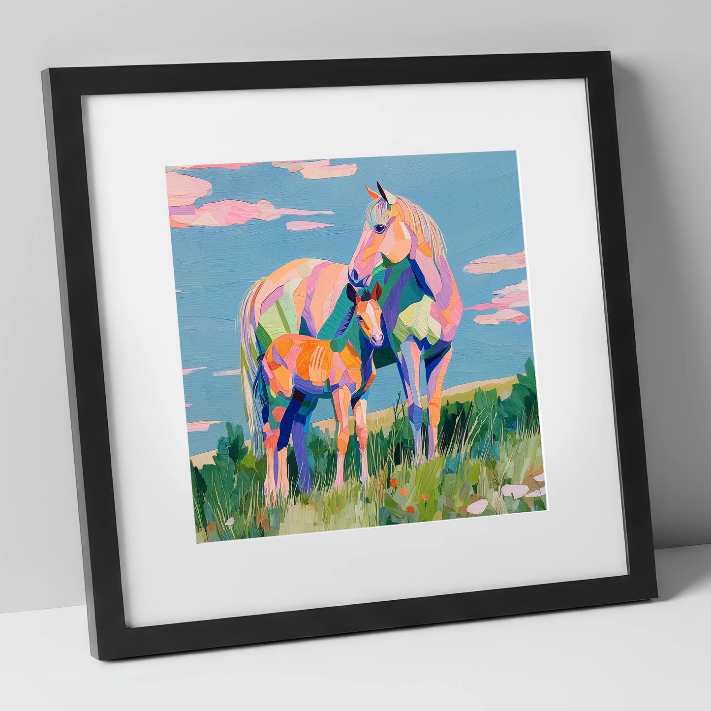 Vibrant Maternal Bond mare & foal art print in black frame