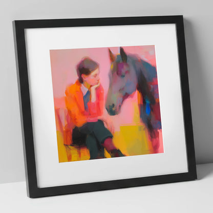 Vivid Connection horse & rider art print in black frame