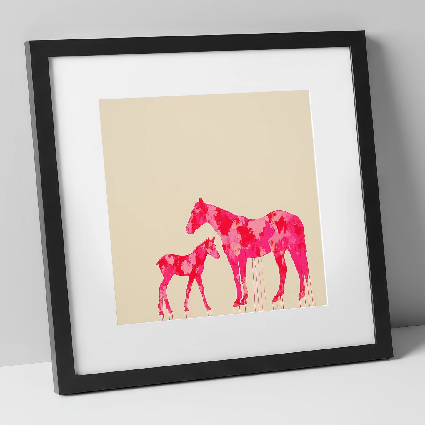 Magenta Mare and Foal mare & foal art print in black frame