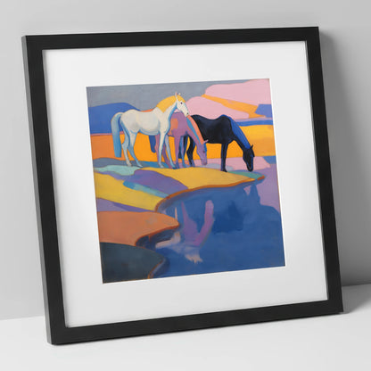 Colours of the Waterhole wild horses art print in black frame