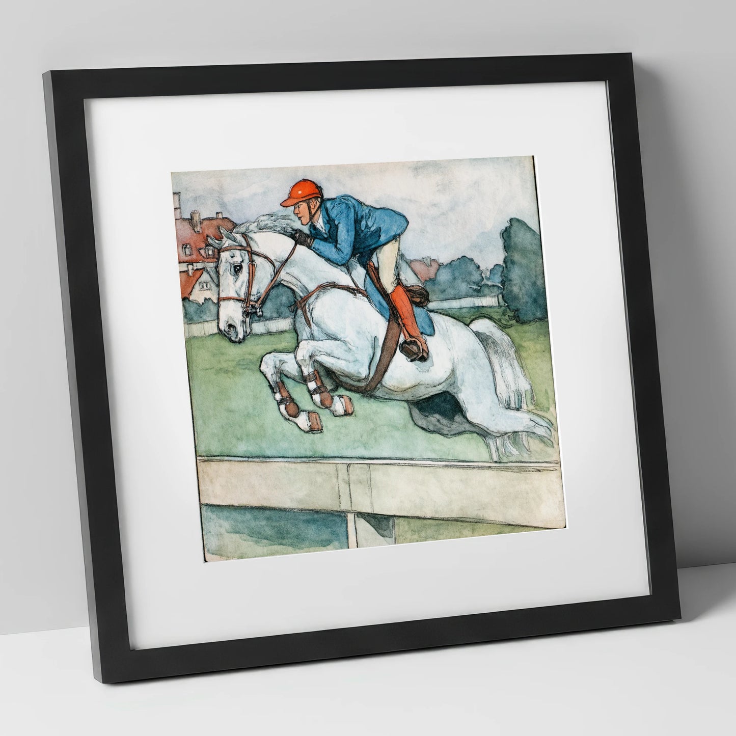 Clearing the Timber show jumping horse art print in black frame