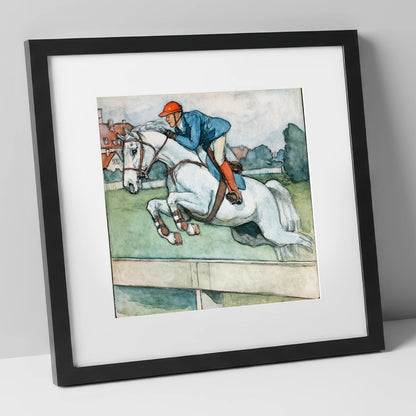 Clearing the Timber show jumping horse art print in black frame