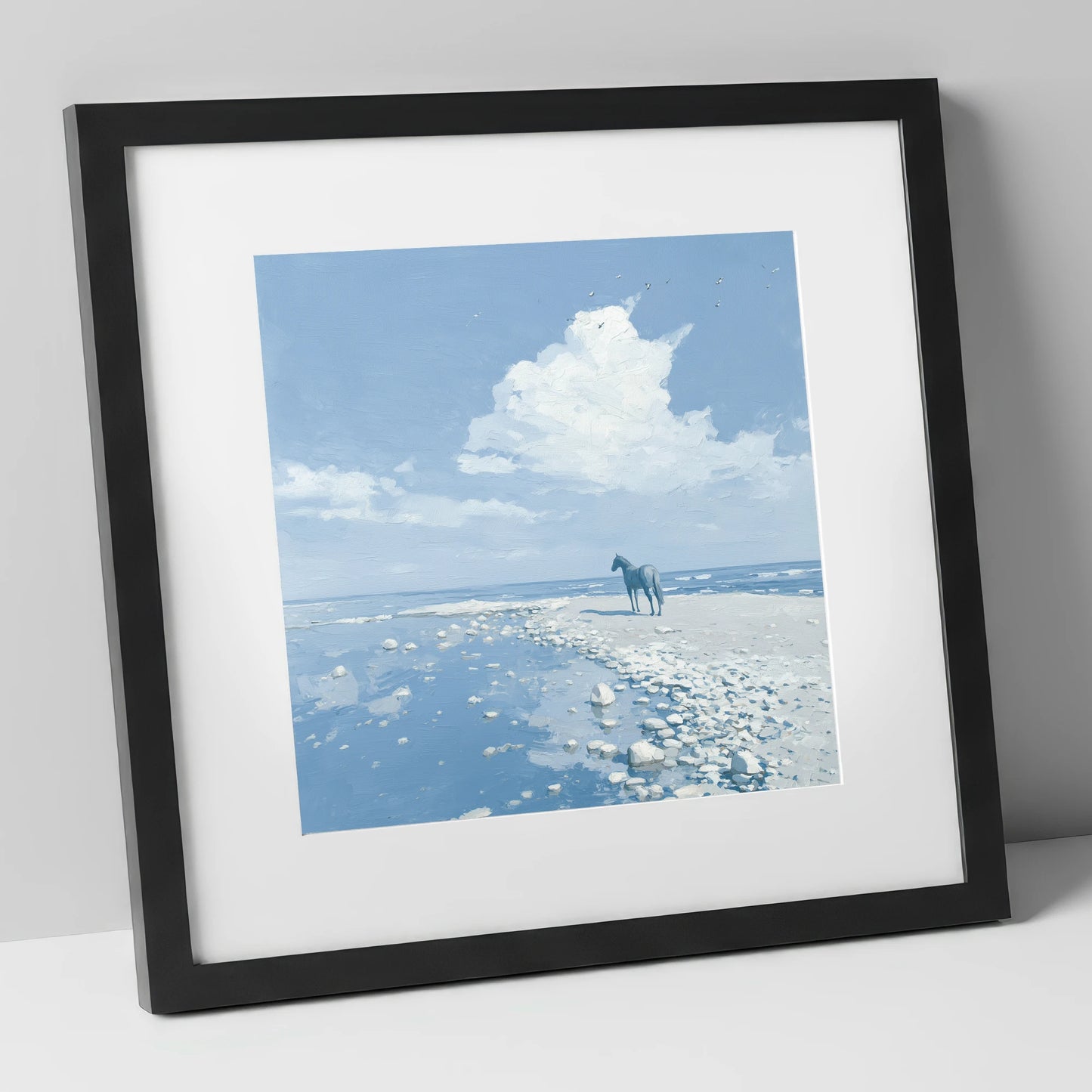 Solitude on the Shore horse landscape art print in black frame