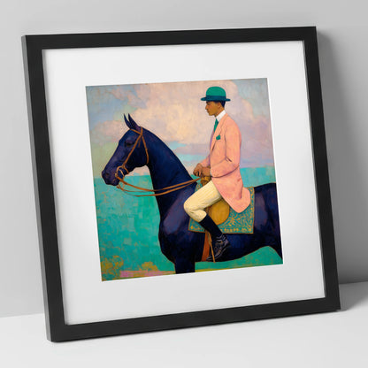 The Vivid Rider racing horse art print in black frame