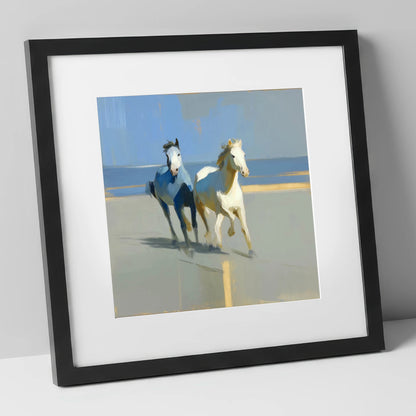 Sunlit Coastal Canter wild horses art print in black frame