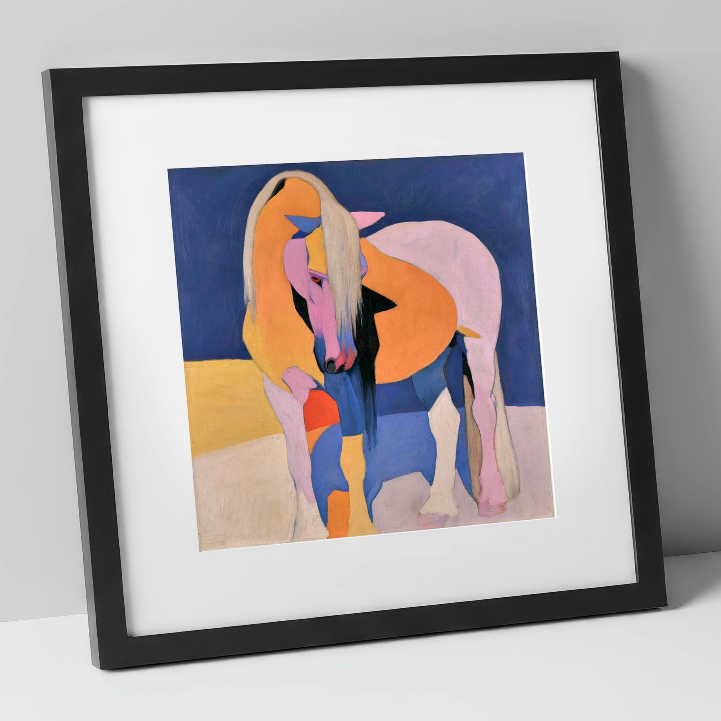 Vibrant Pink And Orange Horse horse breed art print in black frame