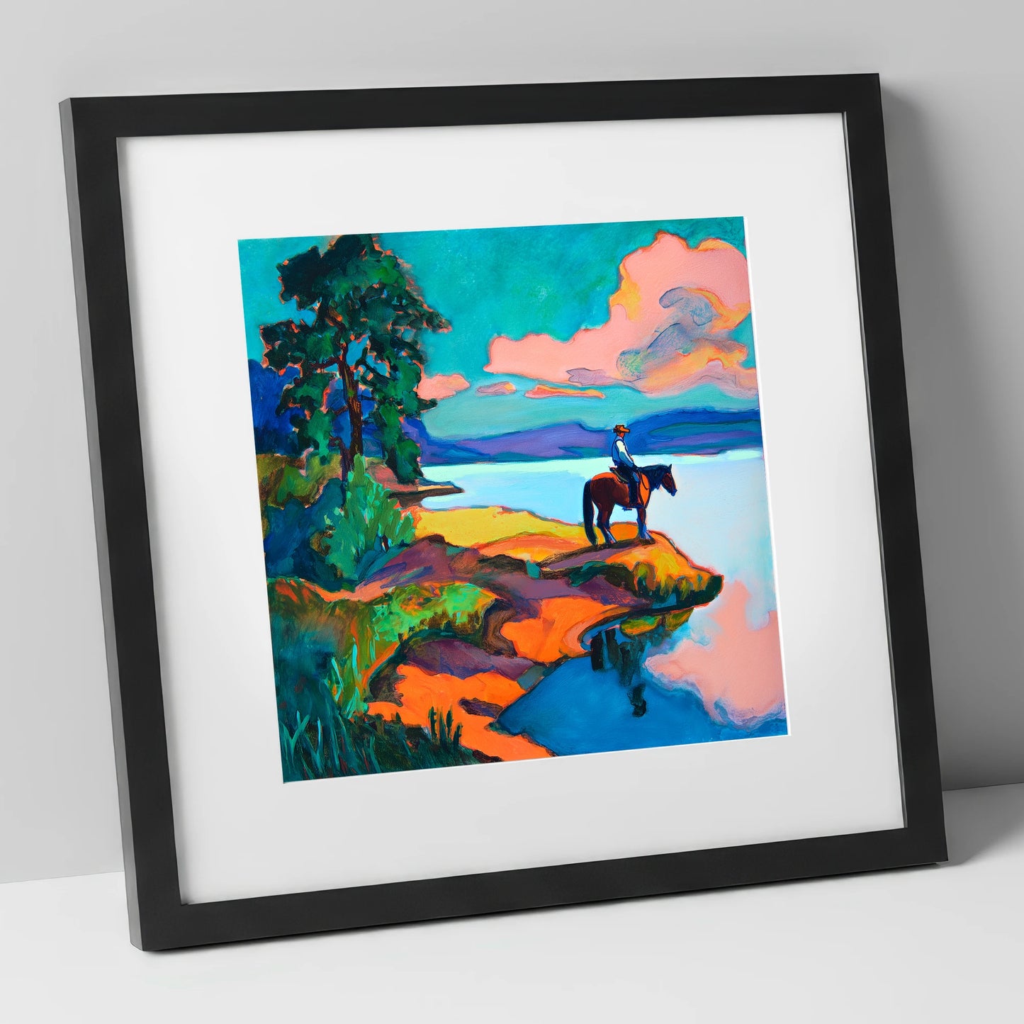 The Violet Shoreline beach horse art print in black frame