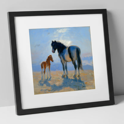 Cerulean Morning Light mare & foal art print in black frame