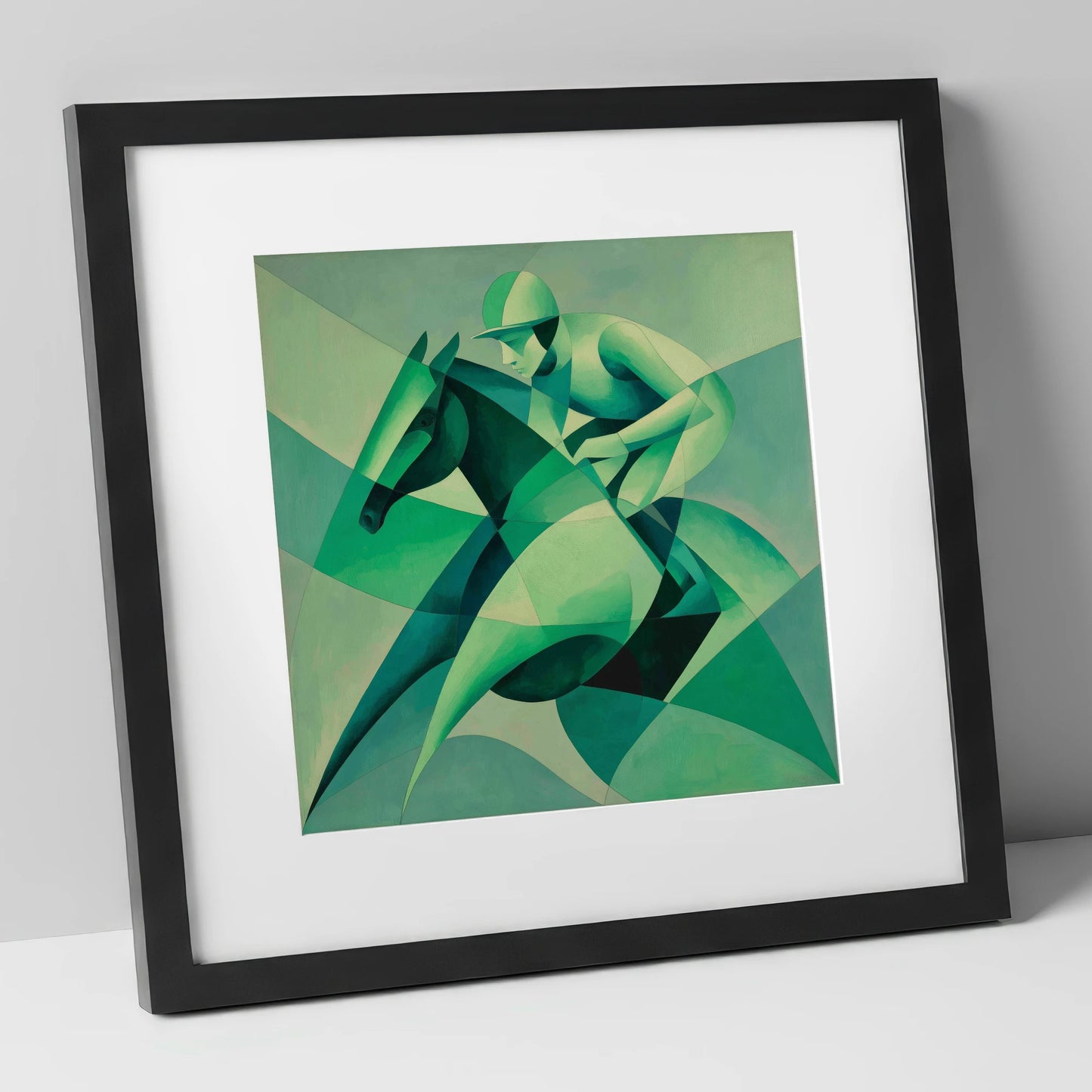 Emerald Racing Form racing horse art print in black frame