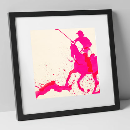 Vibrant Polo Strike polo horse art print in black frame
