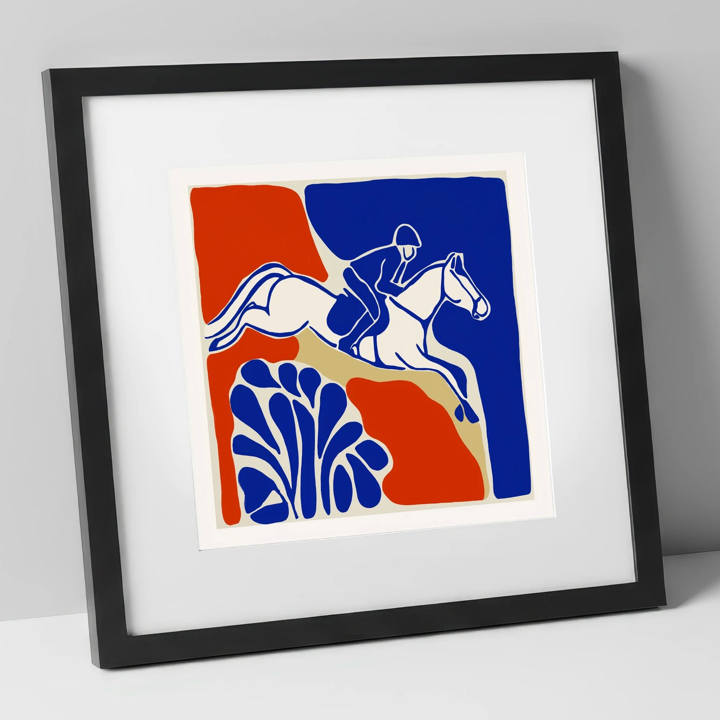 Cobalt Leap show jumping horse art print in black frame