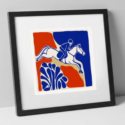 Cobalt Leap show jumping horse art print in black frame