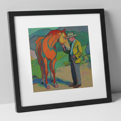 Vibrant Companionship horse & rider art print in black frame