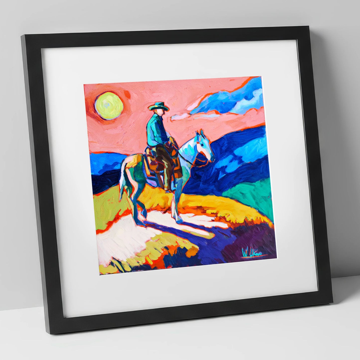 Technicolour Trail Rider western horse art print in black frame