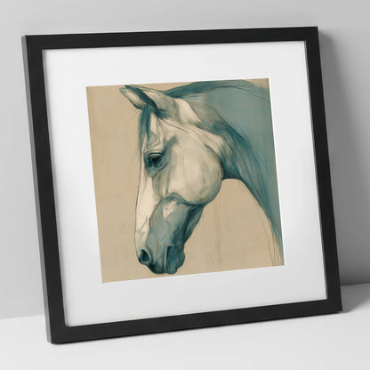 Teal Wash Portrait horse portrait art print in black frame
