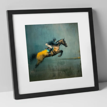 Suspended Energy show jumping horse art print in black frame