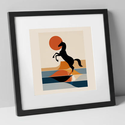 Terracotta Sun Silhouette wild horses art print in black frame