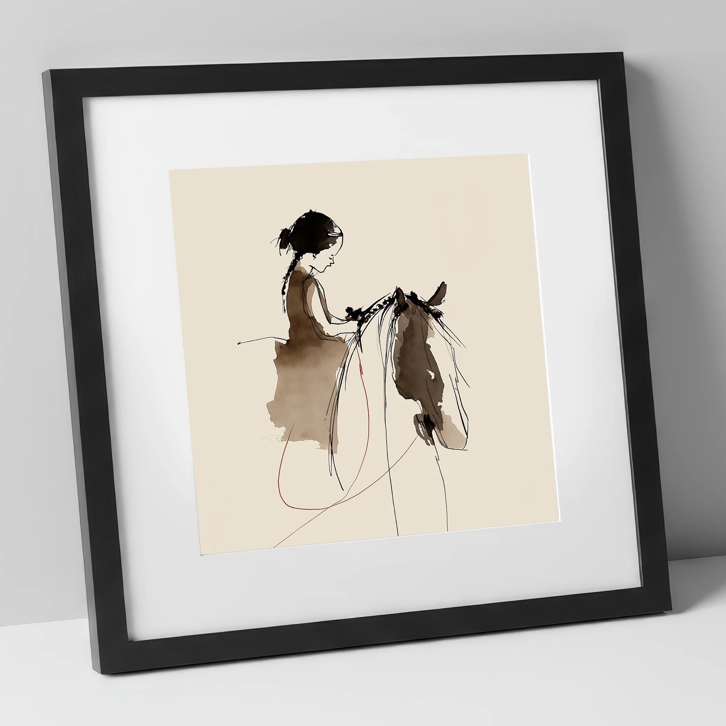 Silent Understanding horse & rider art print in black frame