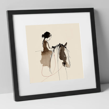 Silent Understanding horse & rider art print in black frame