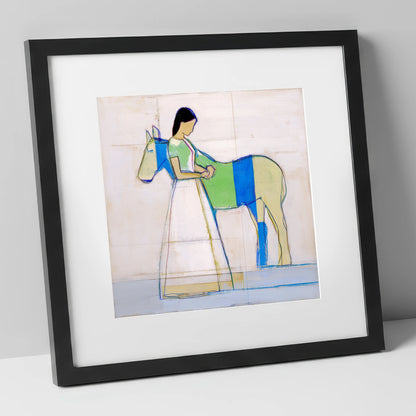 Quiet Blue Bond horse & rider art print in black frame
